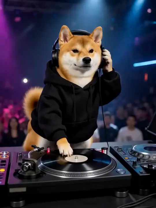 Un Shiba Inu con felpa nera che mette dischi