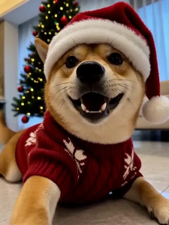 Un Shiba Inu con gorro de Papá Noel diciendo «¡Feliz Navidad! Me comí las galletas de Papá Noel. De nada».