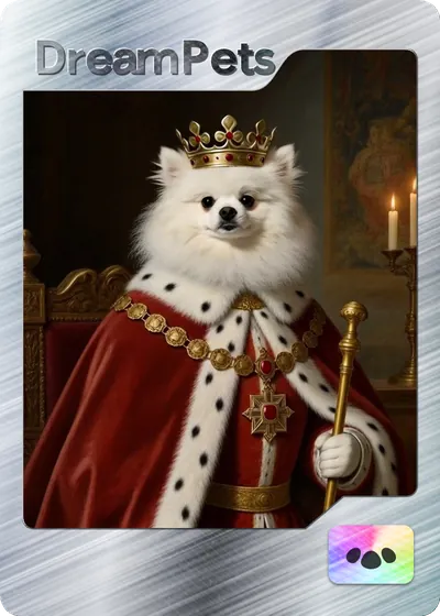 A silver pet card of a royal Pomeranian