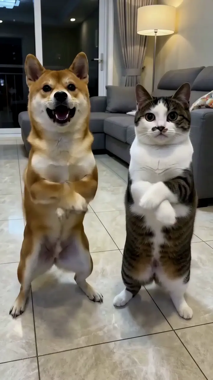 Un Shiba Inu e un gatto tigrato bianco e nero che ballano fianco a fianco, ciascuno creato da una foto