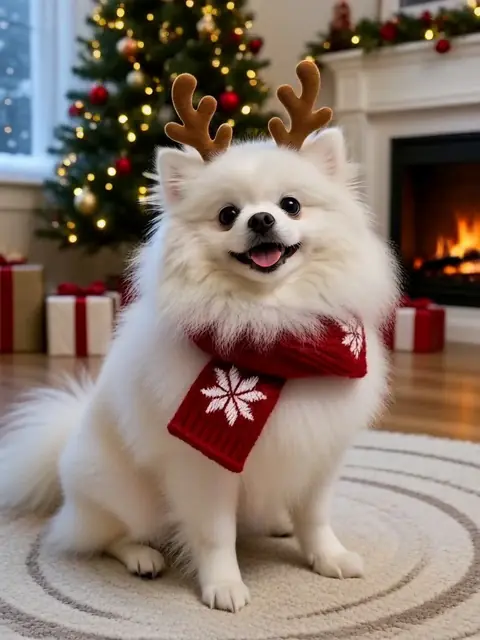 Un Pomerania bianco con corna da renna vicino a un albero di Natale