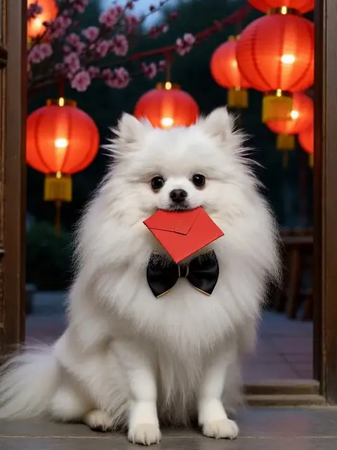 Un Pomerania bianco che tiene una busta rossa sotto lanterne rosse