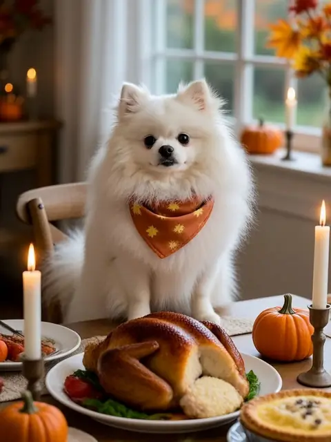 Un Pomerania bianco a una tavola del Ringraziamento
