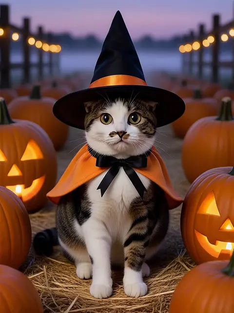 Un gatto tigrato bianco e nero con cappello da strega
