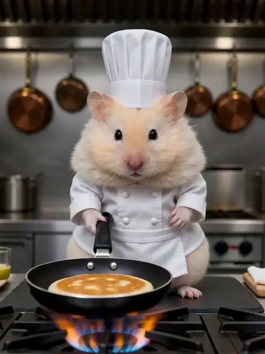 A cream hamster in a chef’s hat flipping a pancake