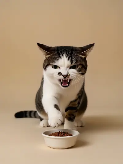 A tabby-and-white cat hissing, captioned WHO TOUCHED MY BOWL