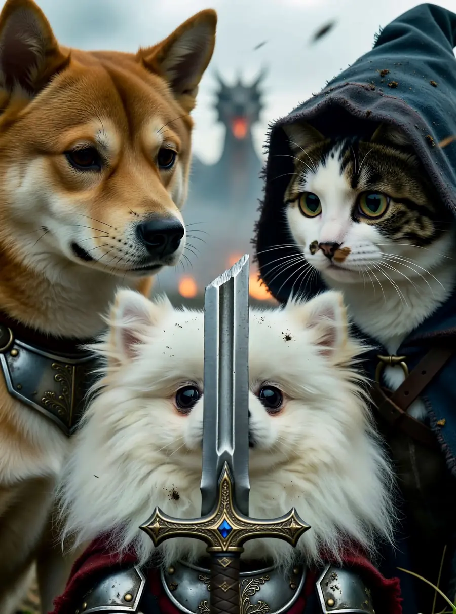 A Shiba Inu, a white Pomeranian and a tabby cat in armor, standing together before a dragon