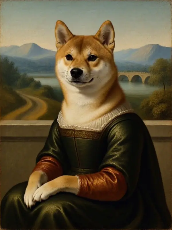 Un Shiba Inu in una posa da ritratto rinascimentale