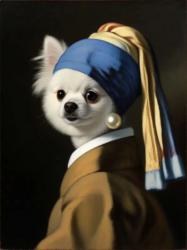 Un Pomerania bianco dipinto come la Ragazza con l'orecchino di perla, creato dalla foto accanto