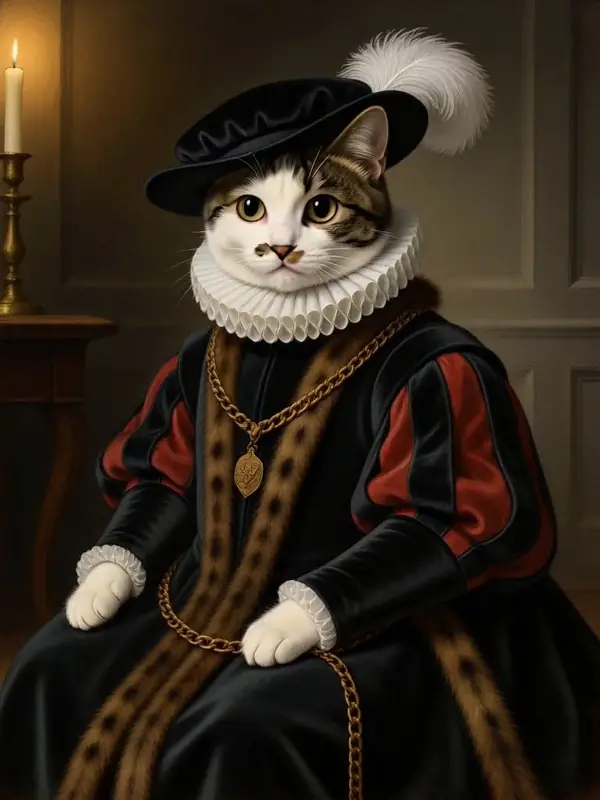 Un gatto tigrato bianco e nero con colletto arricciato del XVII secolo e cappello con piume