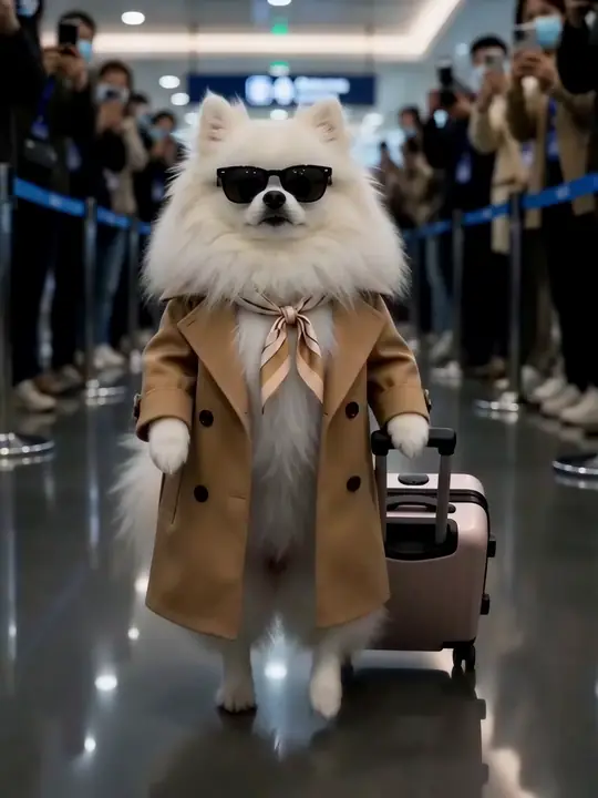 A white Pomeranian in sunglasses and a trench coat walking through an airport