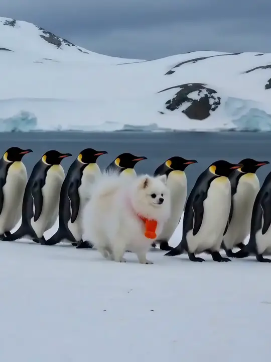 Ein weißer Zwergspitz mit rotem Schal läuft mit Pinguinen