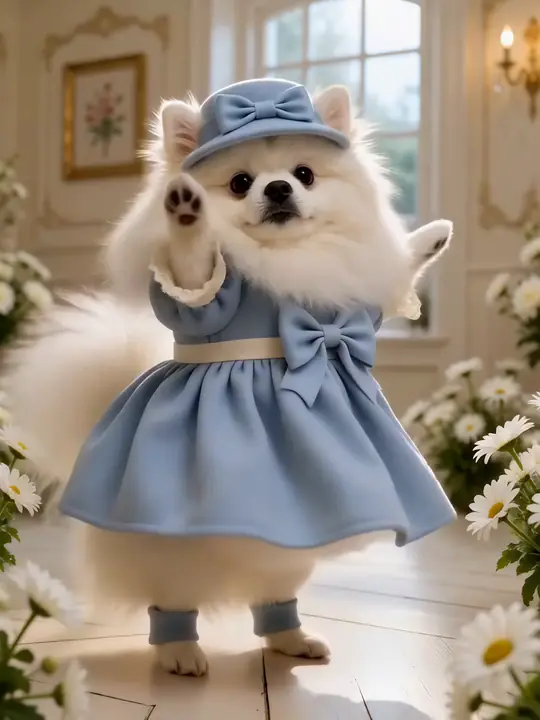 Un Pomerania bianco in abito blu che balla