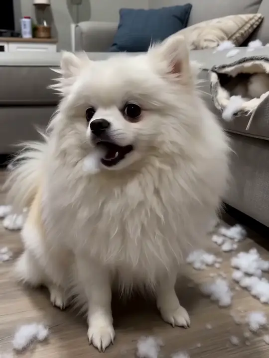 Un Pomerania blanco sentado entre relleno roto, diciendo «Estaba así cuando llegué».