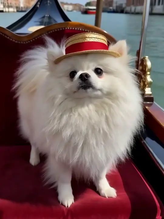 A white Pomeranian in a straw hat riding a gondola in Venice