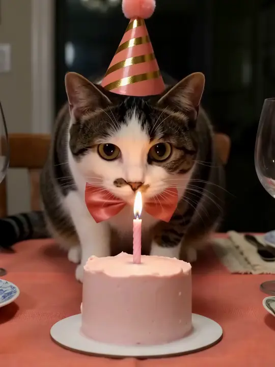 Eine weiß getigerte Katze mit Partyhut neben einer Geburtstagstorte