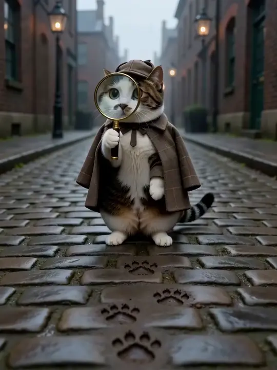 A tabby-and-white cat in a detective coat with a magnifying glass on a cobbled street