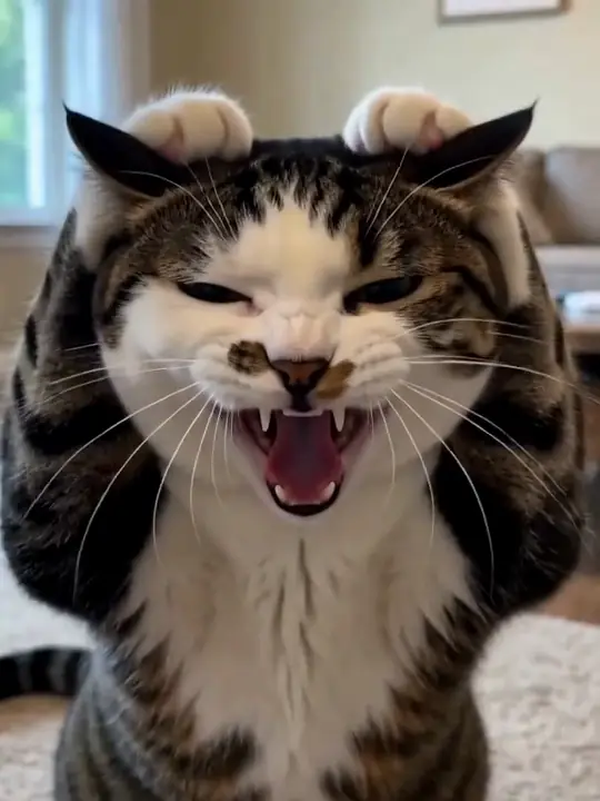 A tabby-and-white cat clutching its head and screaming